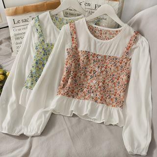 Ruffled-hem Mock Two-piece Floral Top