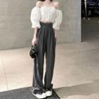 Off-shoulder Shirred Blouse / Wide Leg Pants