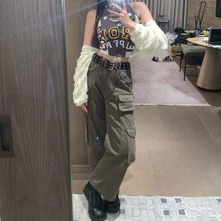 Halter Neck Lettering Tank Top / High Waist Straight Leg Cargo Pants / Shrug
