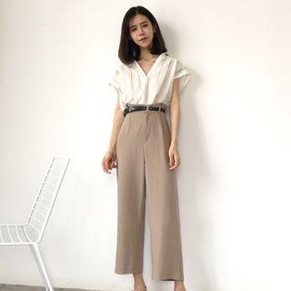 Short-sleeve Striped Blouse / Cropped Wide Leg Pants / Set: Short-sleeve Striped Blouse + Cropped Wide Leg Pants