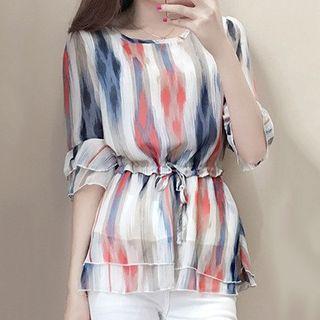 Print Elbow-sleeve Drawstring Waist Chiffon Top