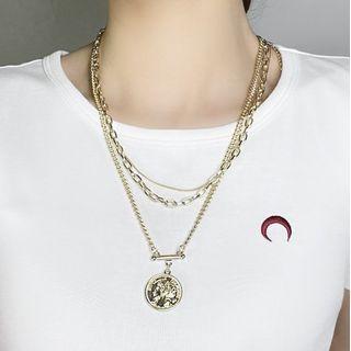 Coin Pendant Alloy Layered Necklace Gold - One Size