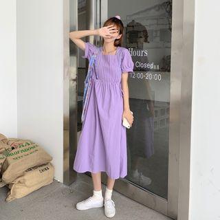 Square Collar Puff-sleeved Lace Up Dress