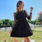 Long-sleeve Mesh Panel Tiered Mini A-line Dress