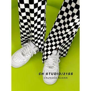 Checker Slit-hem Boot-cut Pants