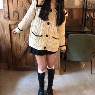 Long-sleeve Contrast Trim Collar Knit Cardigan As Shown In Figure - One Size