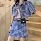 Houndstooth Short-sleeve Button-up Cropped Jacket / A-line Skirt