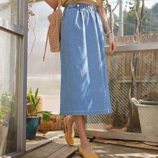 Tab-detail A-line Long Denim Skirt