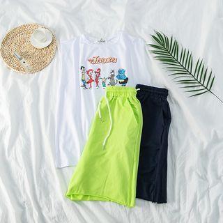 Set: Short-sleeve Print T-shirt + Drawstring-waist Shorts