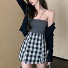 Off-shoulder Sleeveless Top / Plaid Slit Skirt