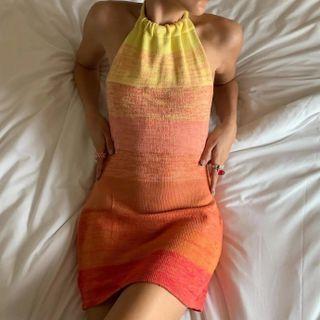 Halter-neck Color Block Knit Mini Dress