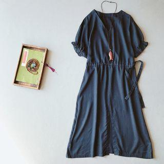 Drawstring-waist Short-sleeve Midi A-line Dress