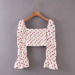 Bell-sleeve Strawberry Print Crop Top