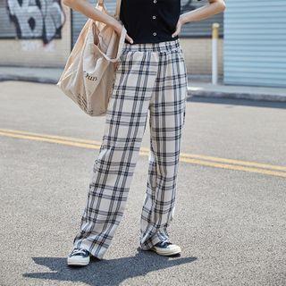Plaid Band-waist Straight-cut Pants Plaid - One Size