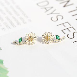 925 Sterling Silver Rhinestone Daisy Earring 1 Pair - Daisy - One Size