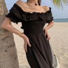 Off-shoulder Ruffle Trim Cutout-back Midi A-line Dress