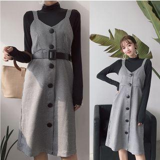 Buttoned Houndstooth Pinafore Dress
