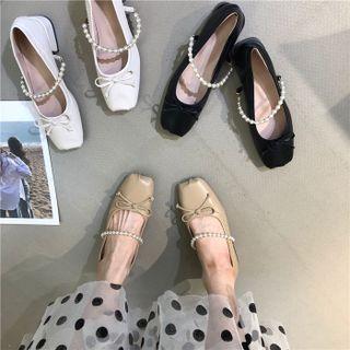 Square-toe Faux Pearl Strap Flats