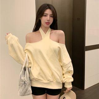 Halter Cross Strap Plain Top Beige - One Size