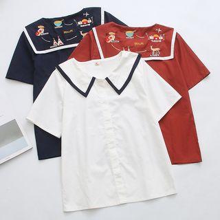 Embroidered Contrast Trim Short-sleeve Shirt