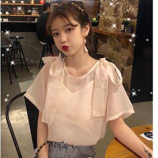 Set: Short-sleeve Ribbon Mesh Top + Camisole Top
