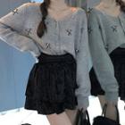 Bow Cardigan / A-line Velvet Skirt