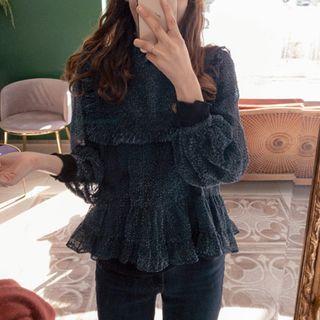 Ruffle-trim Textured Chiffon Blouse Navy Blue - One Size