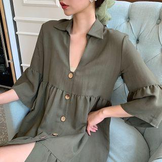 Bell Sleeve Cotton Linen V-neck Mini Shirtdress