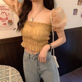 Square Neck Puff Sleeve Cropped Smocked Top