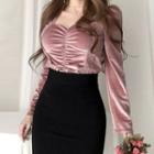 Square-neck Lace Trim Velvet Blouse
