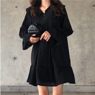 Long-sleeve Shirt Chiffon Dress Black - One Size