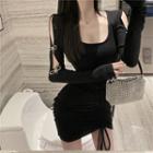 Long-sleeve Cutout Drawcord Mini Bodycon Dress