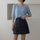 Patch-pocket Stitched Miniskirt Navy Blue - One Size