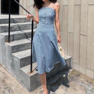 Striped Spaghetti-strap A-line Denim Dress