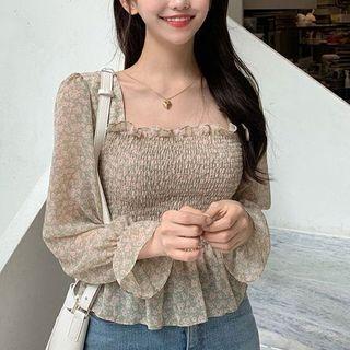 Floral Long-sleeve Square-neck Smocked Cropped Blouse
