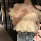 Puff-sleeve Off-shoulder Ruffled Blouse Beige - One Size