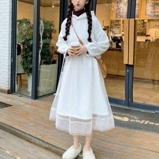 Mesh Panel A-line Hoodie Dress White - One Size