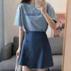 Short Sleeve Letter Print T-shirt / High Waist Button-up Mini Skirt / Set
