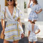 Striped Short-sleeve Open-back Playsuit
