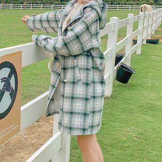 Toggle Button Plaid Hooded Woolen Coat