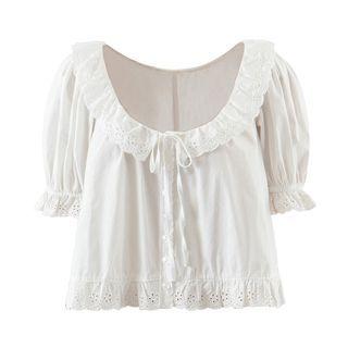 Short-sleeve Eyelet Lace Tie-front Blouse