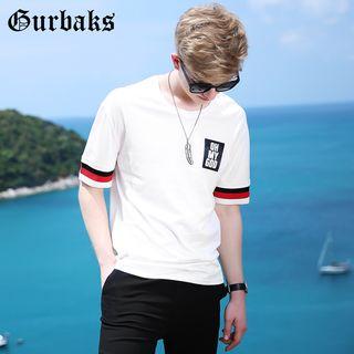 Lettering Applique Striped Short Sleeve T-shirt