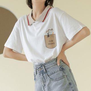Lettering Collared Short-sleeve T-shirt White - One Size