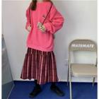Embroidered Sweatshirt / High-waist Striped Skirt
