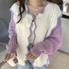 Scallop Trim Two-tone Cardigan Purple - One Size