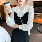 Long-sleeve Peter Pan Collar Two-tone Midi A-line Dress