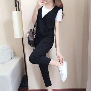Set: Short-sleeve Top + Vest + Harem Pants