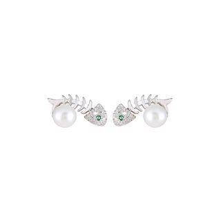 Sterling Silver Fashion Creative Fish Bone White Freshwater Pearl Stud Earrings With Cubic Zirconia Silver - One Size