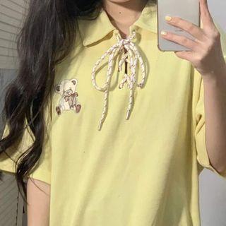 Elbow-sleeve Collar Bear Print T-shirt