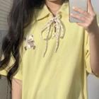 Elbow-sleeve Collar Bear Print T-shirt